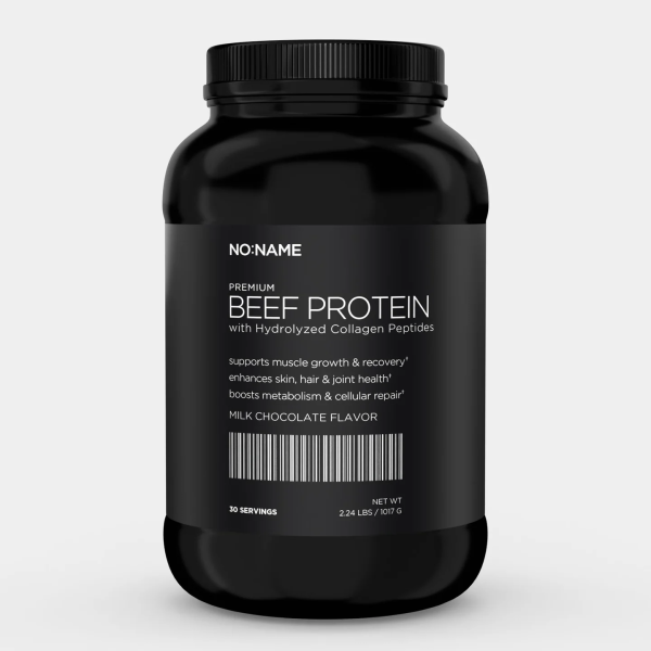 NO:NAME Premium Beef Protein, Chocolate Flavor. Photo of the jar.