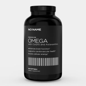 NO:NAME Premium OMEGA with CoQ10 & Astraxanthin. Image of the bottle.
