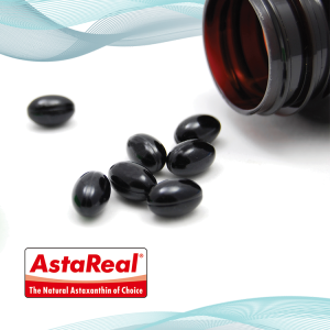 AstaReal Astaxanthin. Photo of AstaReal Astaxanthin softgels outside the packaging bottle.