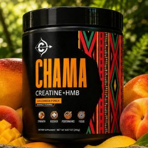CHAMA Creatine + HMB Amazonian Punch. Photo of the product jar.