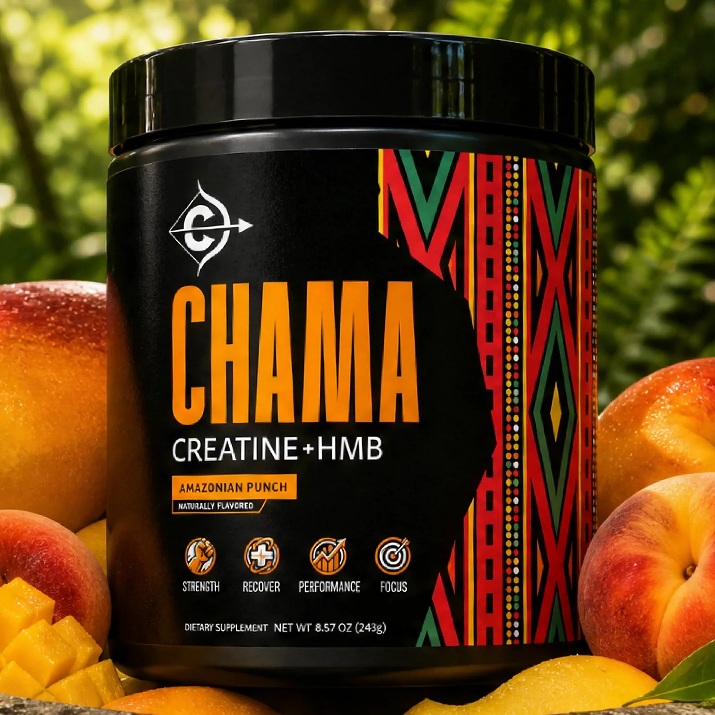 CHAMA Creatine + HMB Amazonian Punch. Photo of the product jar.