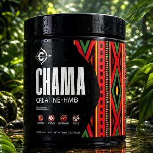CHAMA Creatine + HMB Unflavored. Photo of the product jar.