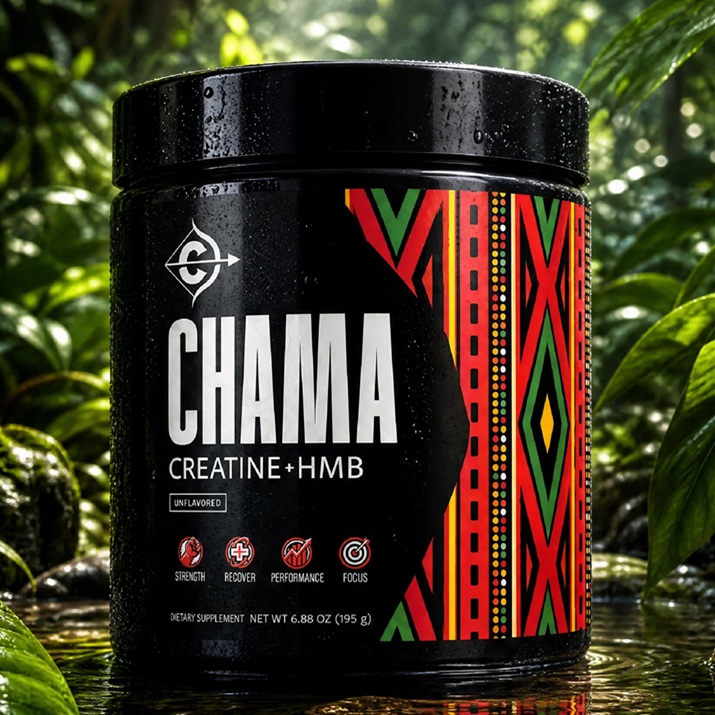 CHAMA Creatine + HMB Unflavored. Photo of the product jar.