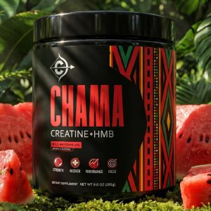 CHAMA Creatine + HMB Wild Watermelon. Photo of the product jar.